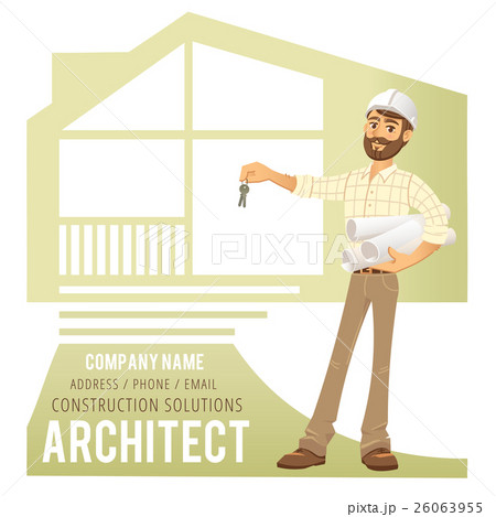 Architect in helmet with blueprints and keys in 26063955