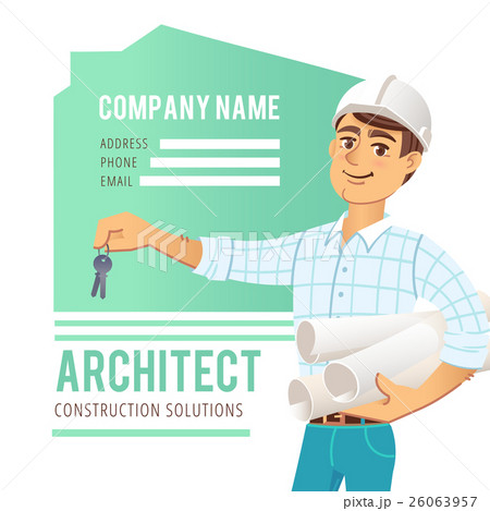 Architect in helmet with blueprints and keys in Architect in helmet with blueprints and keys in 26063957