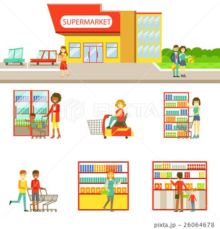 Grocery Shop Exterior And People Shopping Set Of Grocery Shop Exterior And People Shopping Set Of 26064678