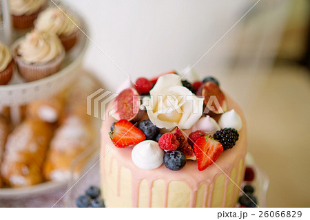 Cake with various berries and meringues on a stand 26066829