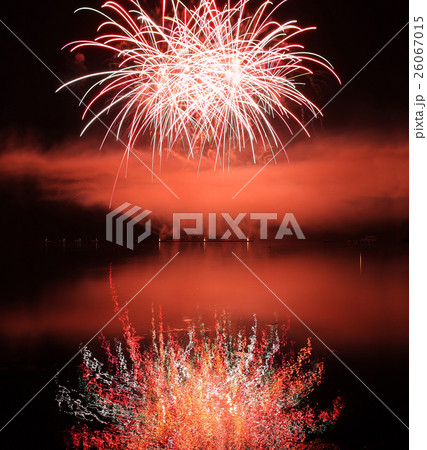 Colorful fireworks with reflection on lake. 26067015