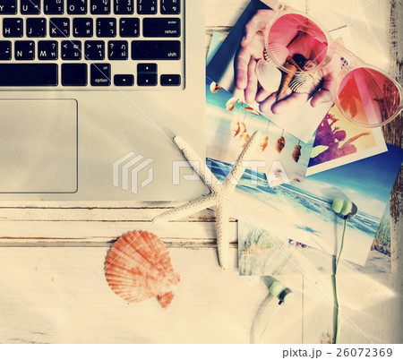 Laptop Technology Beach Summer Holiday Vacation Concept Laptop Technology Beach Summer Holiday Vacation Concept 26072369