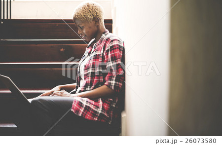 African Woman Laptop Social Networking Stairway Concept 26073580