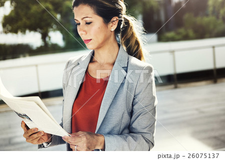 Businesswoman Reading Newspaper Information City Concept 26075137