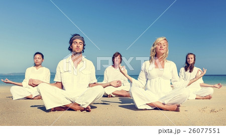 Beach Yoga Balance Calm Relaxing Exercise Concept Beach Yoga Balance Calm Relaxing Exercise Concept 26077551