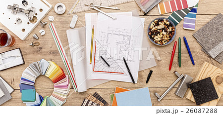 still life with designer tools, color and material patterns 26087288