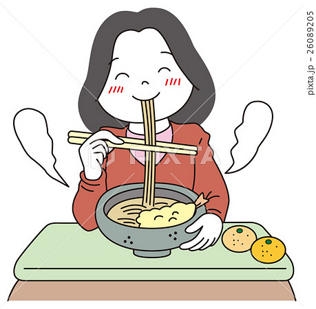 天ぷらそばを食べる女性のイラスト素材 2605