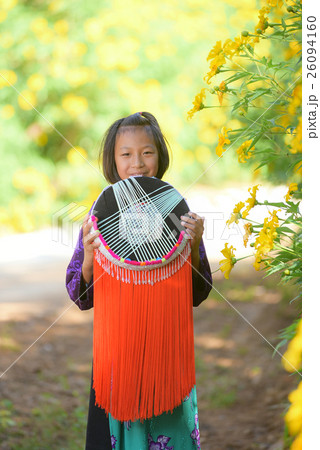 Beautiful asian Lahu girl hold custom hat in hand. 26094160