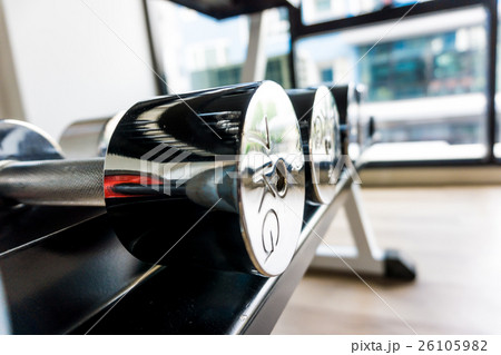 Dumb bells lined up in fitness room 26105982