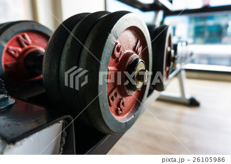 Dumb bells lined up in fitness room Dumb bells lined up in fitness room 26105986