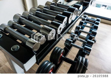 Dumb bells lined up in fitness room Dumb bells lined up in fitness room 26105988