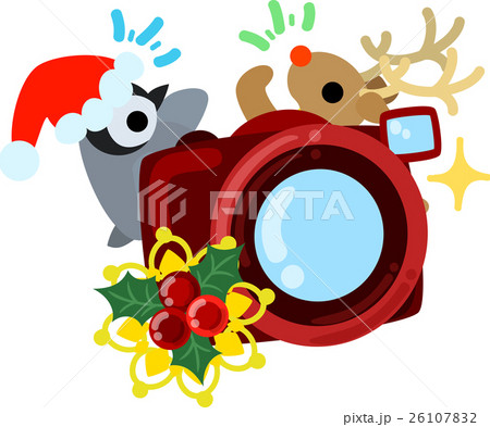 クリスマスの可愛いイラスト ペンギンとトナカイとカメラ のイラスト素材