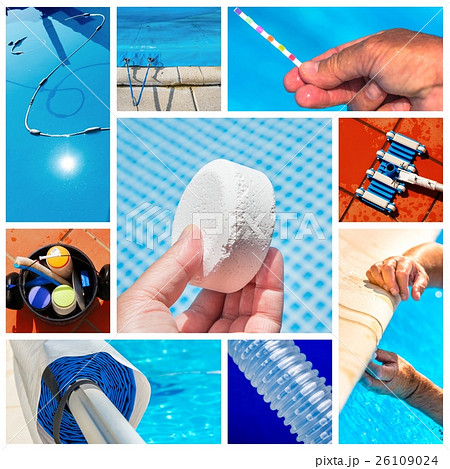 Collage close-up maintenance of a private pool 26109024