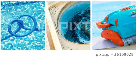 Collage close-up maintenance of a private pool 26109029