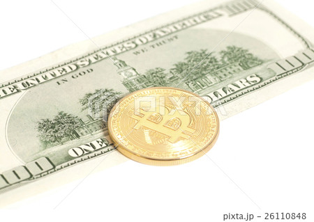 bitcoin coin and one hundred dollar banknote 26110848