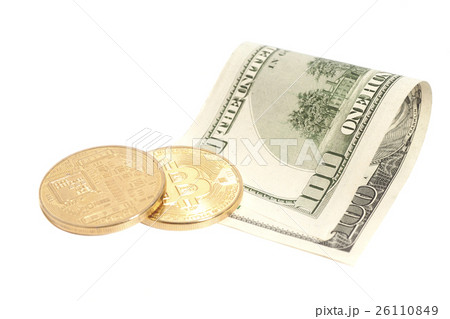 bitcoin coins and one hundred dollar banknote 26110849