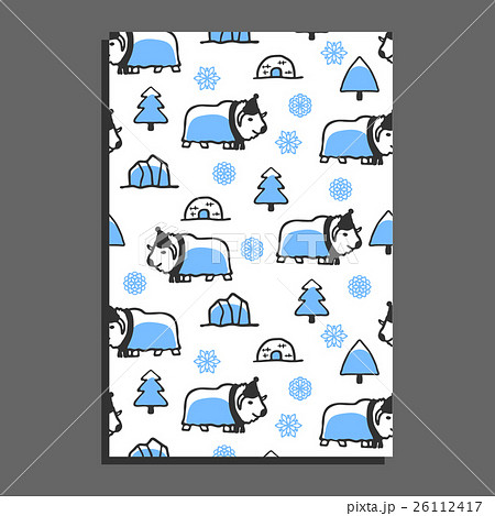 Greeting card template with cute cartoon musk-ox 26112417