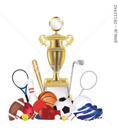 group of sport equipment with gold trophy group of sport equipment with gold trophy 26112442