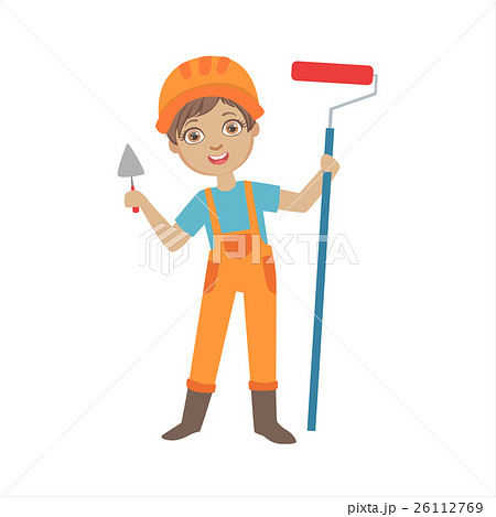 Boy With A Trowel And Painting Roll, Kid Dressed Boy With A Trowel And Painting Roll, Kid Dressed 26112769