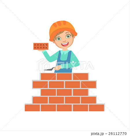 Boy Building A Brick Wall, Kid Dressed As Builder Boy Building A Brick Wall, Kid Dressed As Builder 26112770