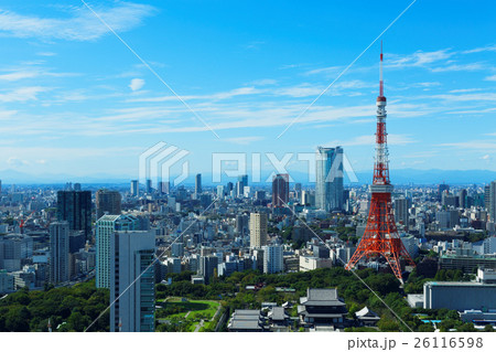 東京タワーと富士山と都市風景の写真素材