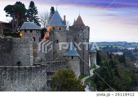 Medieval fortress walls in evening time. Carcassonne 26118412