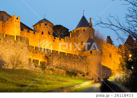 Medieval fortress walls in evening time. Carcassonne Medieval fortress walls in evening time. Carcassonne 26118415