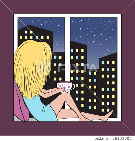 Girl on the windowsill and night city. Girl on the windowsill and night city. 26133009
