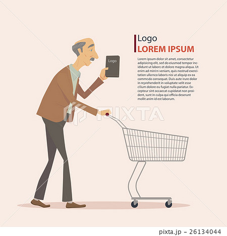Old man in casual wear with shopping cart. Old man in casual wear with shopping cart. 26134044