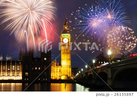 New Year in the city - Big Ben with fireworks 26135897