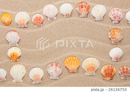 Frame made of seashell on a wavy sand 26136750