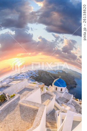 Santorini, church with colorful sunset in Greece Santorini, church with colorful sunset in Greece 26138620