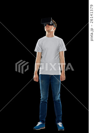 happy man in virtual reality headset or 3d glasses 26141379