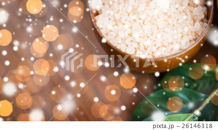 close up of himalayan pink salt in wooden bowl close up of himalayan pink salt in wooden bowl 26146318