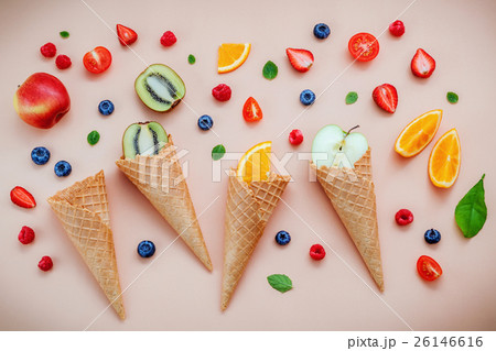 Cones and colorful various fruits raspberry. 26146616