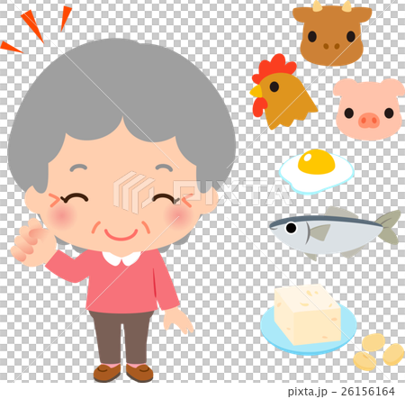蛋白源となる食品と笑顔のシニア女性 蛋白源となる食品と笑顔のシニア女性 26156164