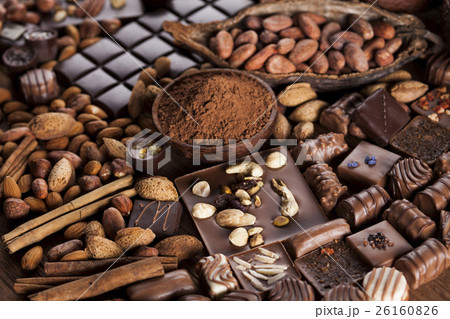 Chocolate sweet, cocoa pod and food dessert Chocolate sweet, cocoa pod and food dessert 26160826