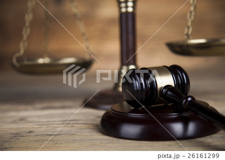 Law theme, mallet of the judge, wooden desk  26161299
