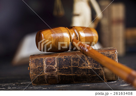 Mallet of the judge, justice scale, wooden desk  26163408