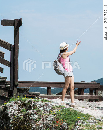 Young traveller woman in ruin castle of Visegrad Young traveller woman in ruin castle of Visegrad 26177211