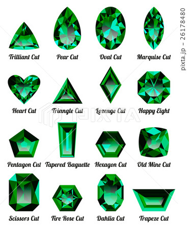 Set of realistic green emeralds with complex cuts 26178480