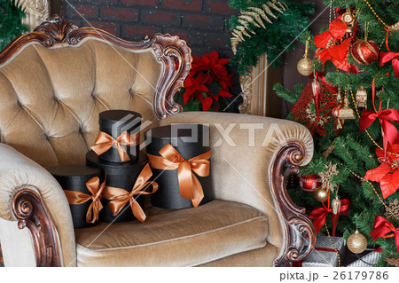 Wrapped gift black boxes with ribbons as Christmas 26179786