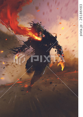 the gas mask man breathing out fire flame 26186483