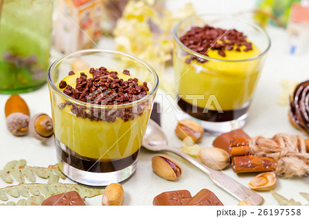 Pistachio dessert served with chocolate and fern 26197558