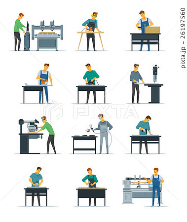 Woodworking Carpenter Service Flat Iconsのイラスト素材