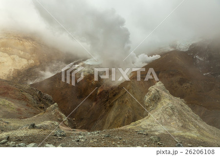 Fumarole activity in crater of Mutnovsky volcano. 26206108