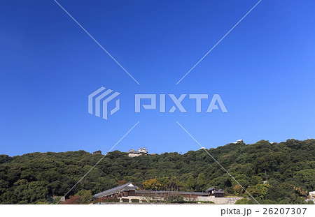 城山公園から見上げる松山城本丸の建築群と二之丸史跡庭園。 城山公園から見上げる松山城本丸の建築群と二之丸史跡庭園。 26207307