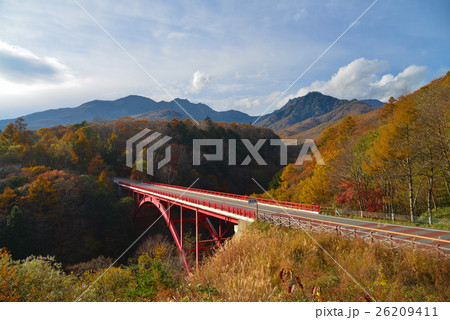 山梨県、東沢大橋の紅葉 26209411