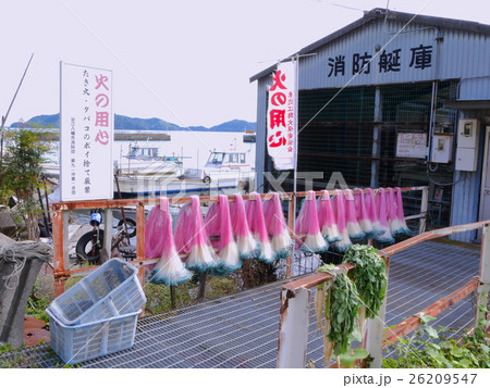 琵琶湖の最大の離れ小島「沖島」/港風景　消防艇と伝統的な漁の網 26209547