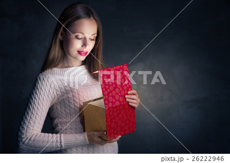 Christmas Gift. Happy Girl Opening Box Christmas Gift. Happy Girl Opening Box 26222946